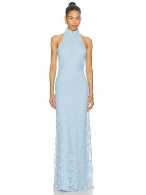 Sau Lee Light Blue Halter Lace Evening Gown